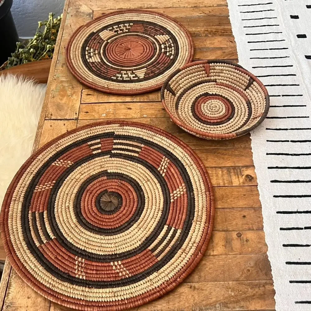 Set Of 3 African Fulani Mbeedu Rounded Flat Bowl Woven Baskets Boho